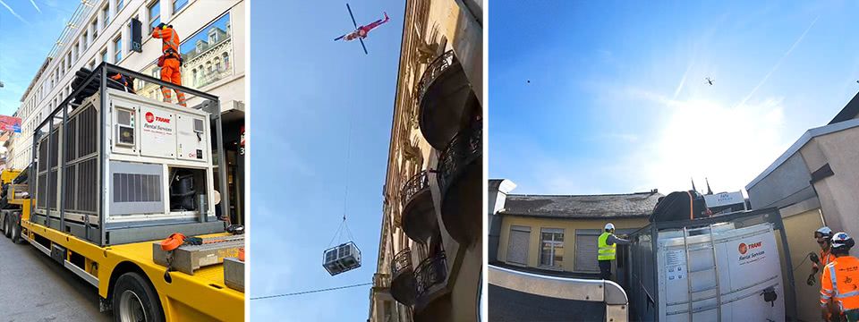 Dodávka vrtulníkem obnovuje komfortní chlazení v prodejně v centru Basileje